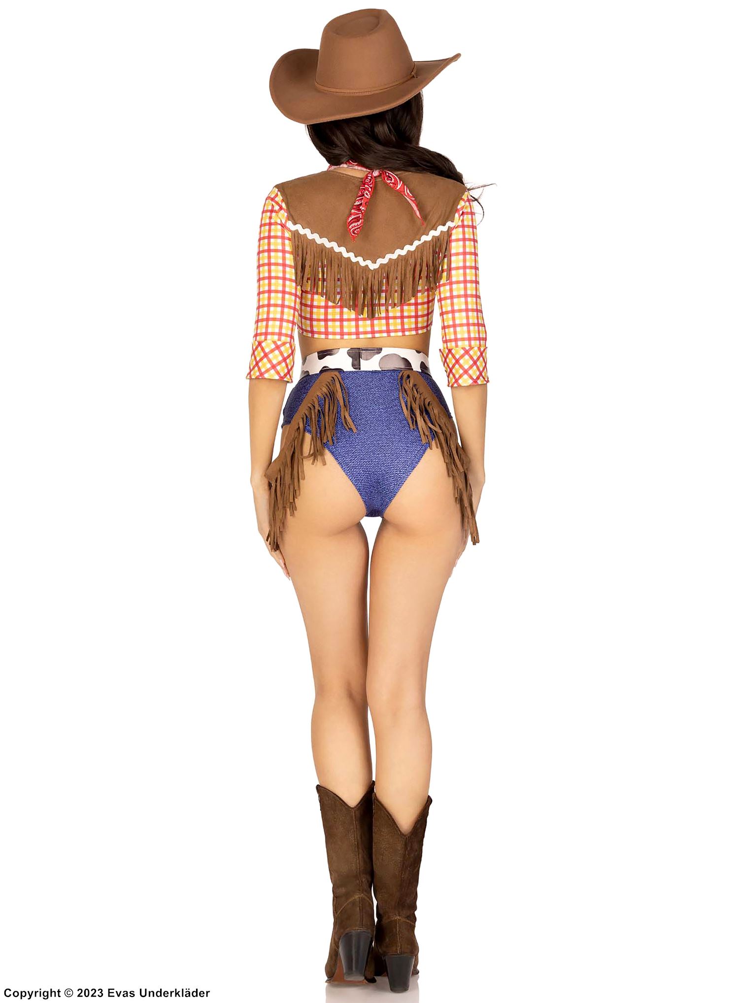 Woody from Toy Story, top and shorts costume, fringes, 3/4 length sleeves, scott-checkered pattern